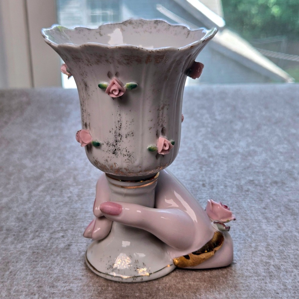 Vintage Napco Japan Ceramic Lady Hand Vase 2J89 Pink Roses Gold Trim Victorian